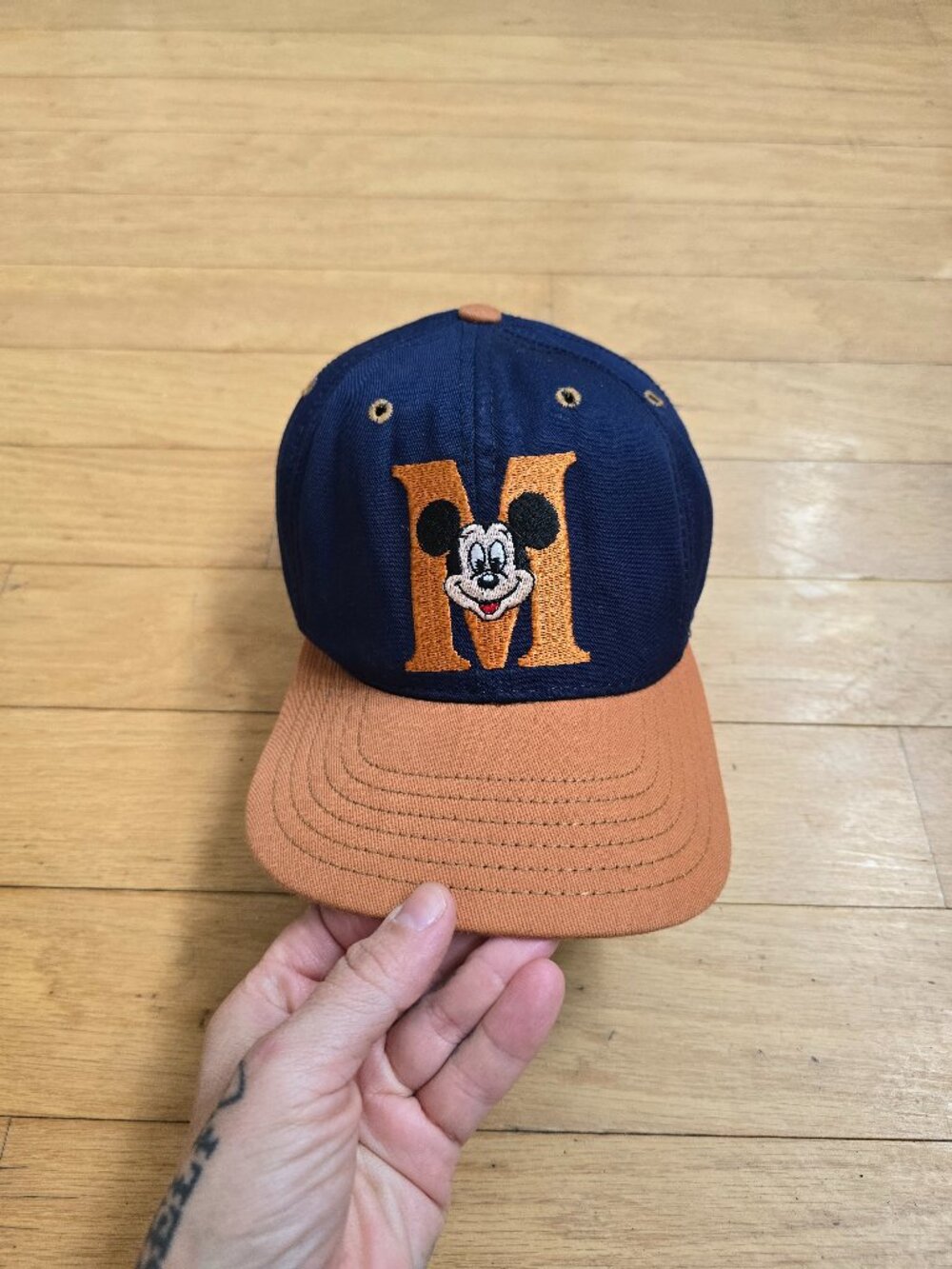 vintage 90's | Disney Mickey Mouse navy tan colorblock made in USA snapback